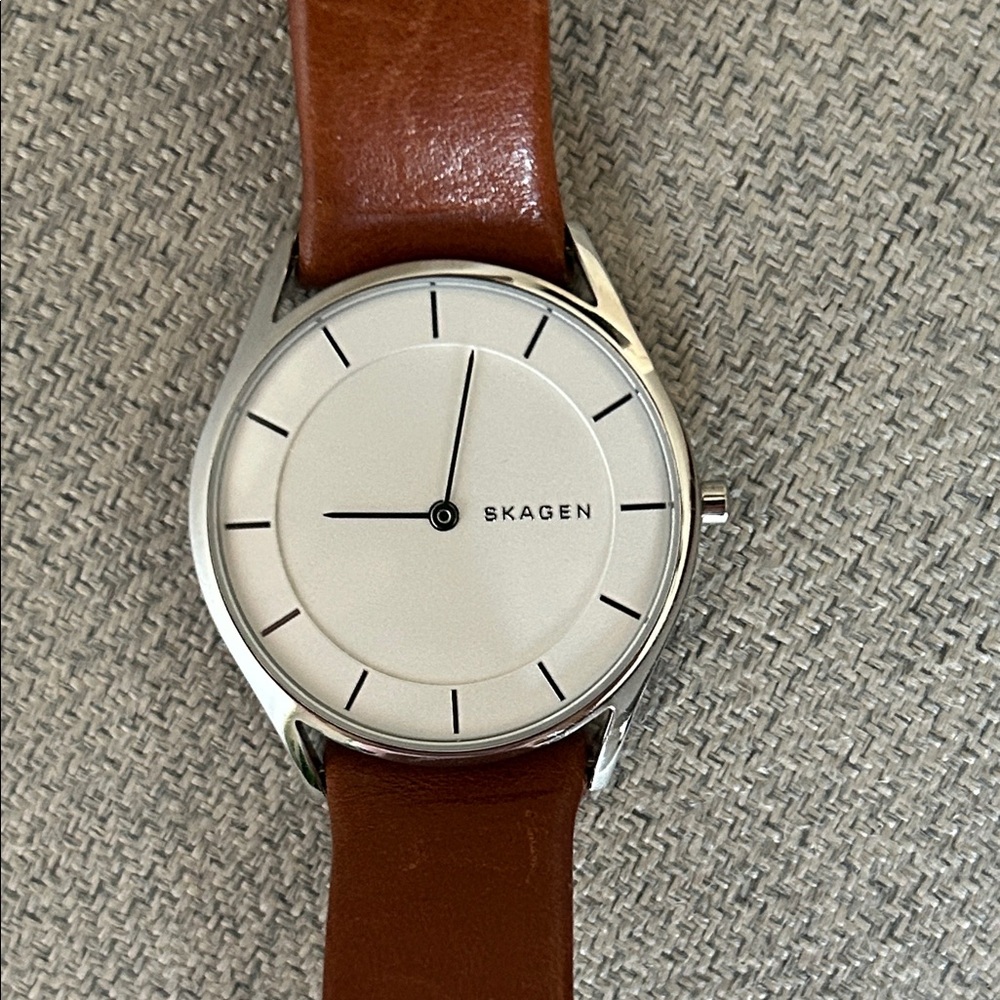 Skagen Holst Silver-Tone Watch with Brown Leather Strap - slim - Denmark